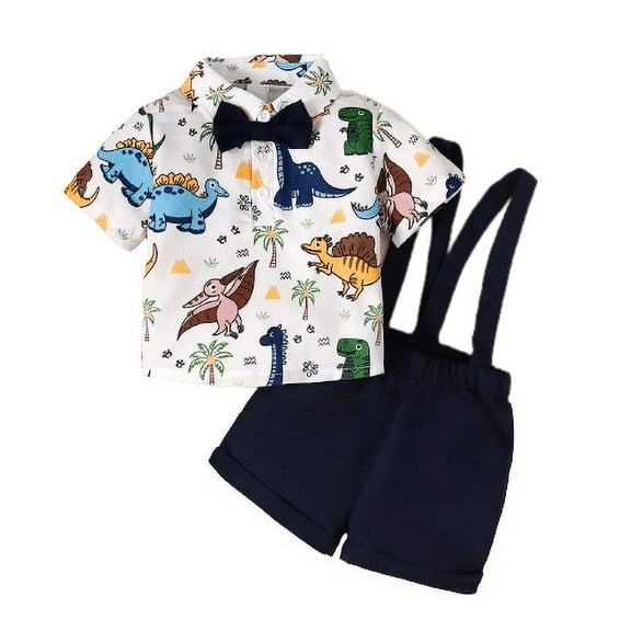 Mikrdoo Infant Baby Boys Clothes Baby OOTD Dinosaur Bow Tie Turn-down Collar Shirt Straps Suspender Shorts 2PCS Outfits Blue 12-18 Months