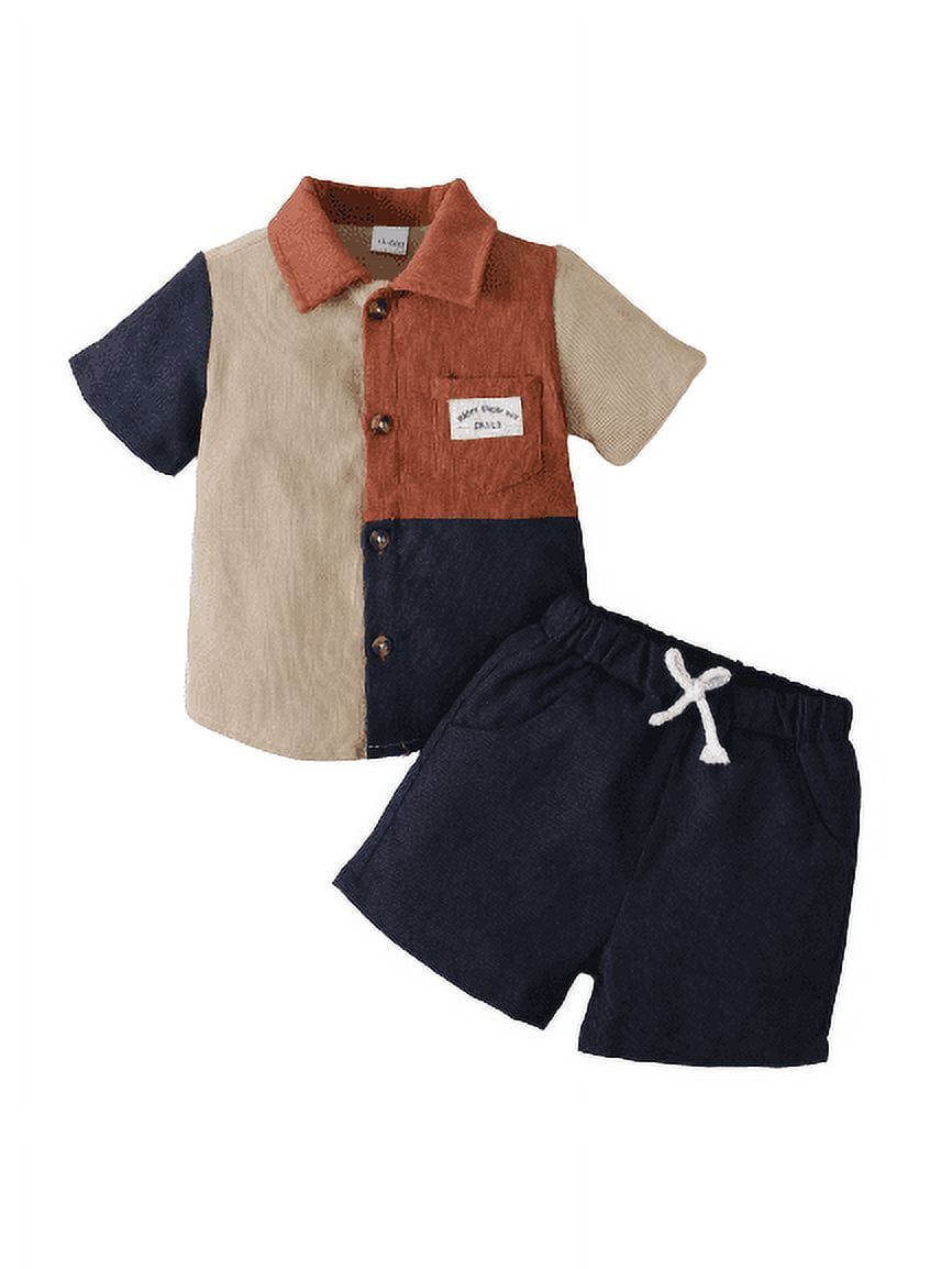 Infant Baby Boys Clothes Baby OOTD Summer 1 Years Boys Splice Pocket 2 Years Boys Turn-down Collar Shirt Elastic Shorts 2Pcs Preschool Outfits Blue