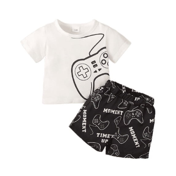 Mikrdoo Infant Baby Boys Outfits Joystick Print Short Sleeve Shirts Elastic Handle Print Shorts 2Pcs Set For Summer White 12-18 Months