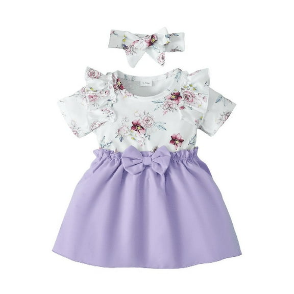Mikrdoo Infant Baby Girls Clothes Floral Print Ruffle Sleeve Splice Dress With Headband 2Pcs Set Purple 18-24 Months