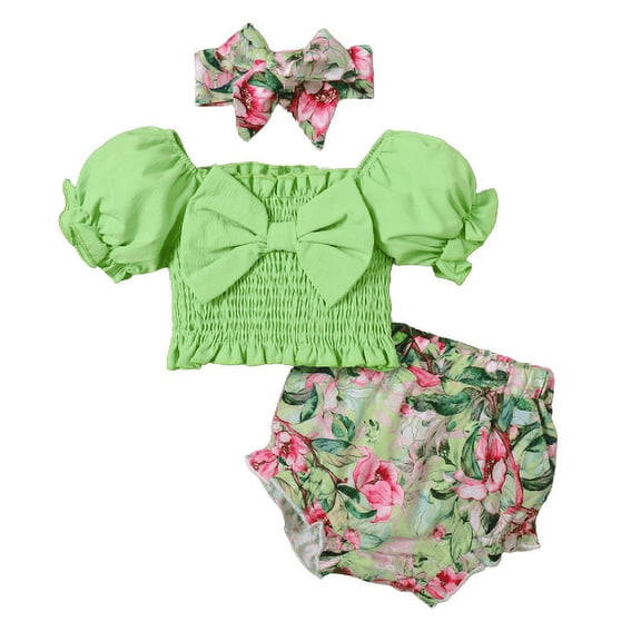 Mikrdoo Infant Baby Girls Summer Outfits Bubble Sleeve 12 Months Girls Bow Tops Elastic Floral 18 Months Girls Shorts Headband 3Pcs Niceapparel Clothes Set Green