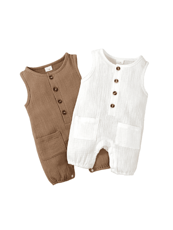 Infant Summer Sleeveless Romper 2-Pack Baby Boys Pocket Snap Closure Jumpsuits Cotton Blend Baby Clothes,9-12 Months