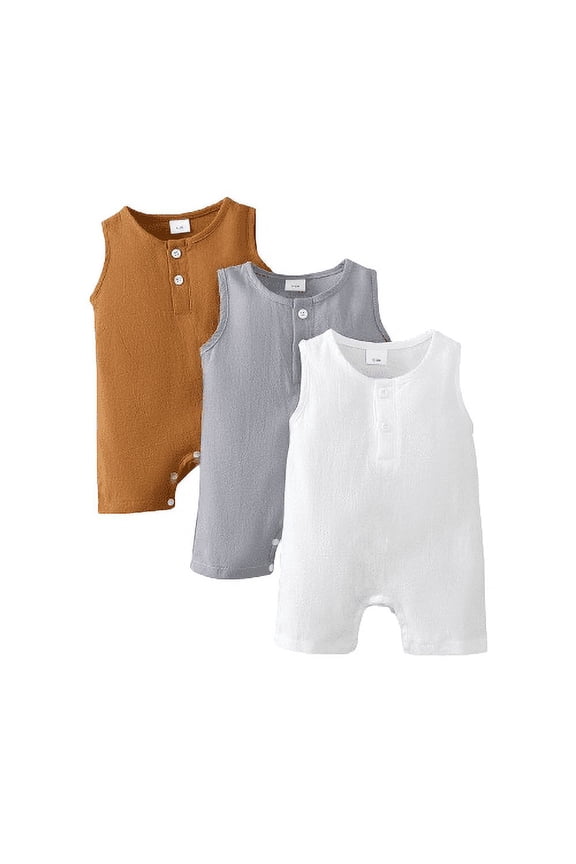 Infant Summer Sleeveless Romper 3-Pack Baby Onesies Snap Closure Jumpsuits Neutral Baby Clothes,12-18 Months