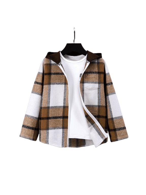 Kid Boy Plaid Zip-up Hoodie Long Sleeve Pocketed Regular Fit Casual Fall Winter Coat Size 7-15
