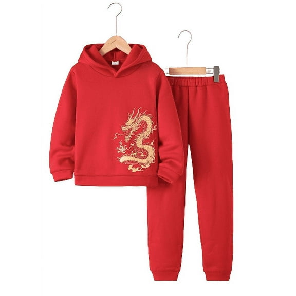 Mikrdoo Kid Boys 2Pcs's Happy New Year Outfits 11 Years Big Boys Casual Dragon Print Hoodies 12 Years Big Boys Long Sleeve Pullover Sweatshirt & Pants Joggers Clothing Set Red