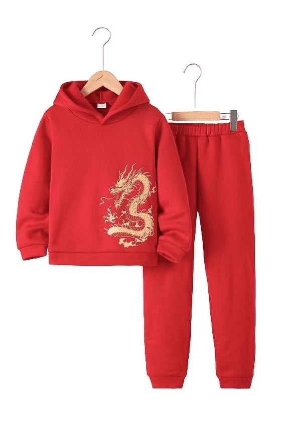 Kid Boys 2Pcs's Happy New Year Outfits 11 Years Big Boys Casual Dragon Print Hoodies 12 Years Big Boys Long Sleeve Pullover Sweatshirt & Pants Joggers Clothing Set Red