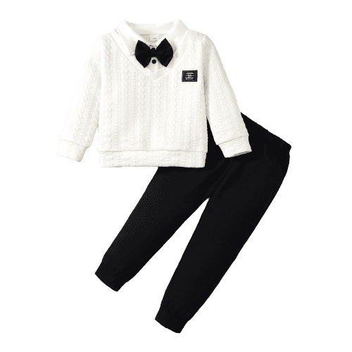 Mikrdoo Kid Boys Dress Set Gentle Fake Two Pieces Long-sleeved Top with Bowtie   Casual Pants Preppy Style 2Pcs Clothing Sizes 3t-8t