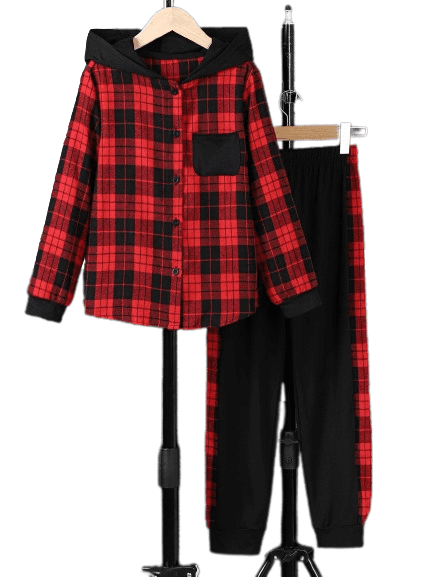 Mikrdoo Kid Boys Fall Winter Clothes 8 Years Boys Plaid Print Pocket Casual Buttons 9 Years Boys Pullover Hoodies Tops Elastic Side Splicing Pants 2Pcs Outfits Red