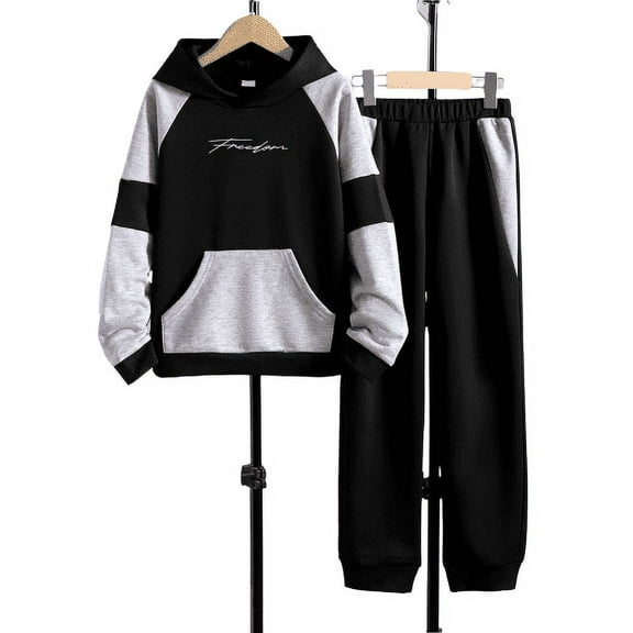 Mikrdoo Kid Boys Fall Winter Outfits Pants Suits Letter Graphics Colorblock Long Sleeve Hoodies Elastic Joggers 2Pcs Clothing From 7-14Y Black