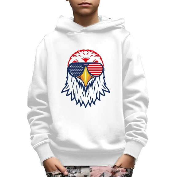 Mikrdoo Kid Boys Independence Day Tops Cool Eagle Print American Flag Long Sleeve Sweatshirt Outdoor Hooded From 5T-14Y
