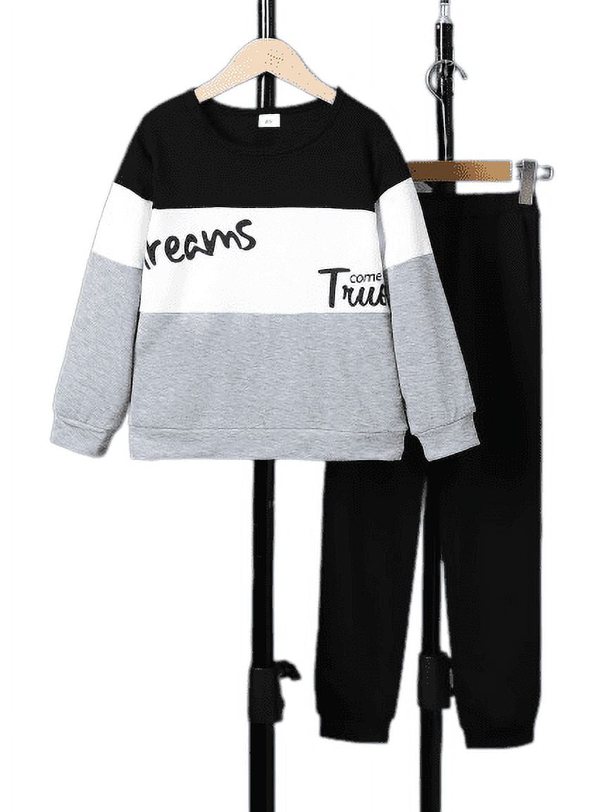 Kid Boys Outfits 8 Years Big Boys Pants Set Color Block Letter Graphics Fall Winter Pullover Tops Elastic Pants 2Pcs Clothing From 8Y-14Y Black