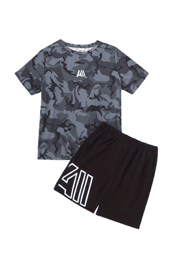 Kid Boys Outfits 8Y,9Y,10Y,11-12Y,13-14Y Boys Camouflage Short Sleeve Shirt Elastic Shorts 2Pcs Summer Clothes Marine Blue