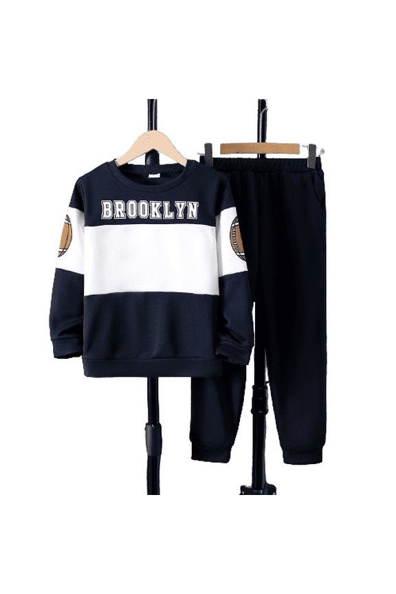 Kid Boys Spring Autumn Outfits Pants Suit BROOKLYN Letter Pattern Colorblock Long Sleeve Sweatshirt & Joggers Set 2Pcs Casual Clothing From 7-15Y Navy Blue