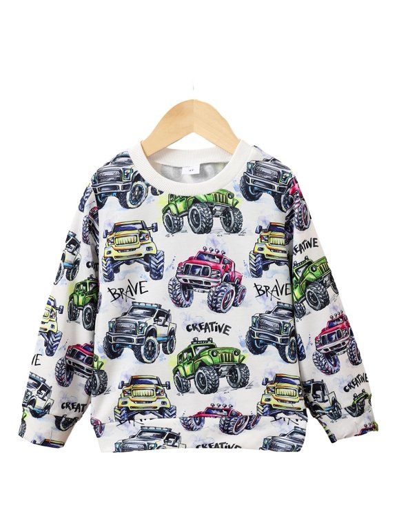 Kid Boys Tops 4Y,5Y,6Y,7Y,8Y Boys Car Full Print Long Sleeve Pullover Casual Sweatshirt For Spring Fall Winter Outdoor 6 Years Gray