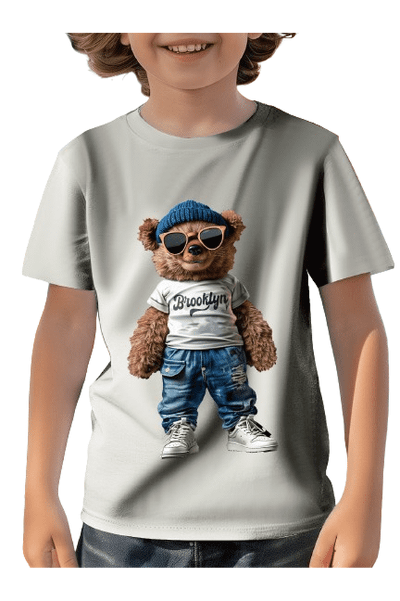 Kid Boys Tops Cool Cute BROOKLYN Bear Print Casual Short Sleeve T-shirt Breathable Versatile Trendy Summer Clothes Sizes 7-15