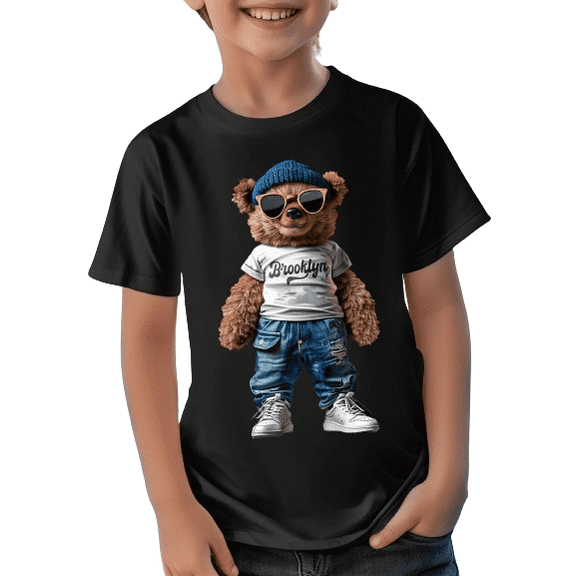 Mikrdoo Kid Boys Tops Cool Cute BROOKLYN Bear Print Casual Short Sleeve T-shirt Breathable Versatile Trendy Summer Clothes Sizes 7-15