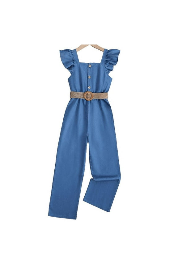 Kid Girl Summer Ruffle Sleeveless Romper Solid Color Button Imitation Denim Design Casual Jumpsuit Sizes 7-14