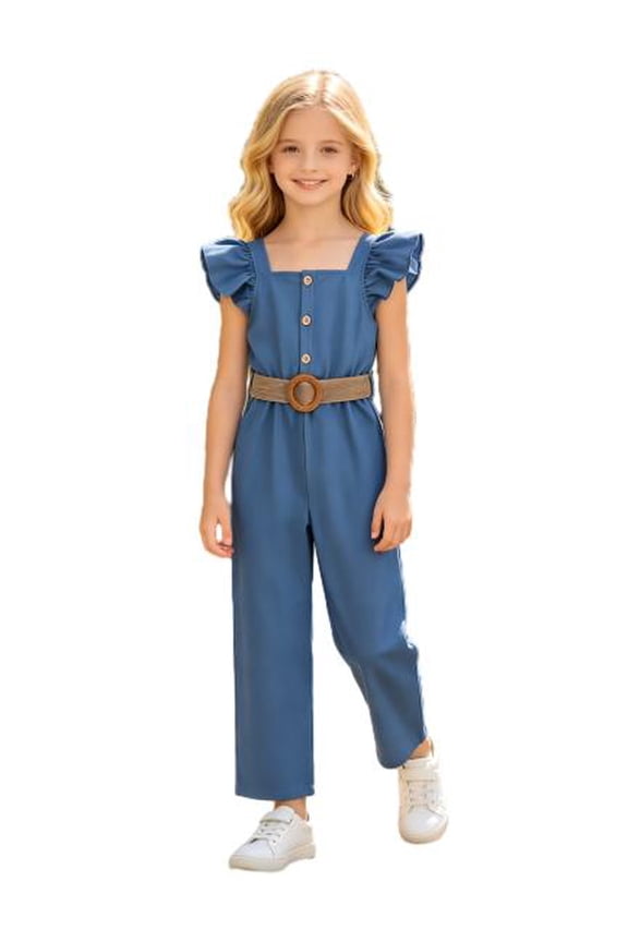 Kid Girl Summer Ruffle Sleeveless Romper Solid Color Button Imitation Denim Design Casual Jumpsuit Sizes 7-14