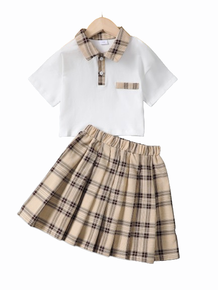 Mikrdoo Kid Girls 2pcs Preppy Patchwork 11 Years Big Girls Button Polo Short Sleeves Tops 12 Years Big Girls Plaid Pleated Skirt Set Summer Clothes White
