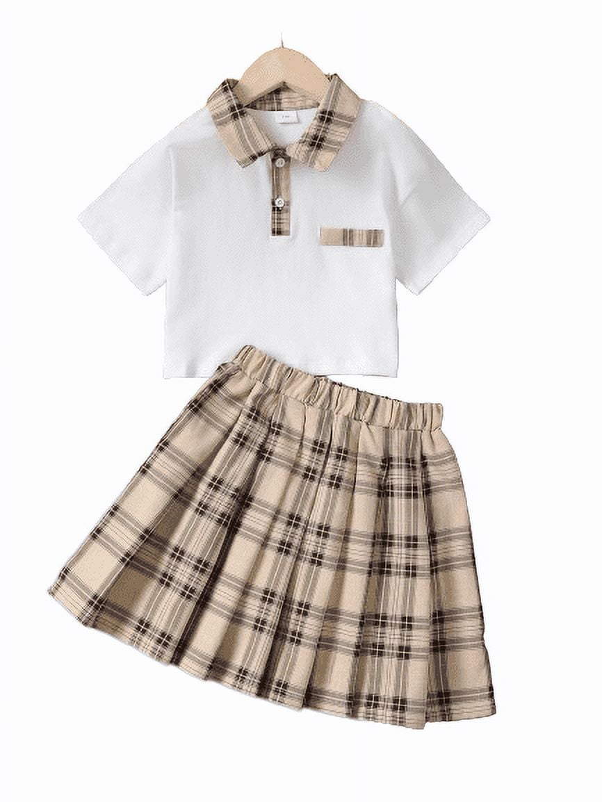 Kid Girls 2pcs Preppy Patchwork 9 Years Big Girls Button Polo Short Sleeves Tops 10 Years Big Girls Plaid Pleated Skirt Set Summer Clothes White