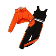 MIKRDOO Kid Girls 3-Piece Outfit, Asymmetrical Hooded Sweatshirt, Stretch Waist Knit Vest, Colorblock Cargo Pants, Suitable For Spring Autumn Casual Outdoor Wear