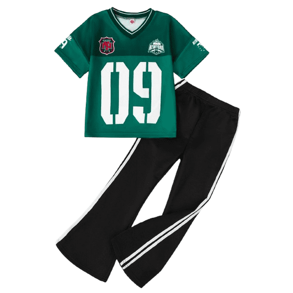 Mikrdoo Kid Girls Activewear Number Print Quick-drying Drop Shoulder Tops with Bell-bottomed Pants Set 2Pcs Sports Clothes 7-14