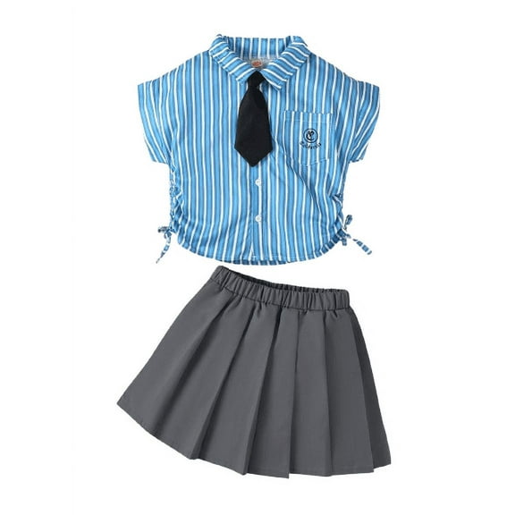 Mikrdoo Kid Girls Back-to-School Season 2Pcs Striped Short Sleeve Bow Tie Shirts JK Pleated Skirt Set Preppy Style Summer Clothes 7-14