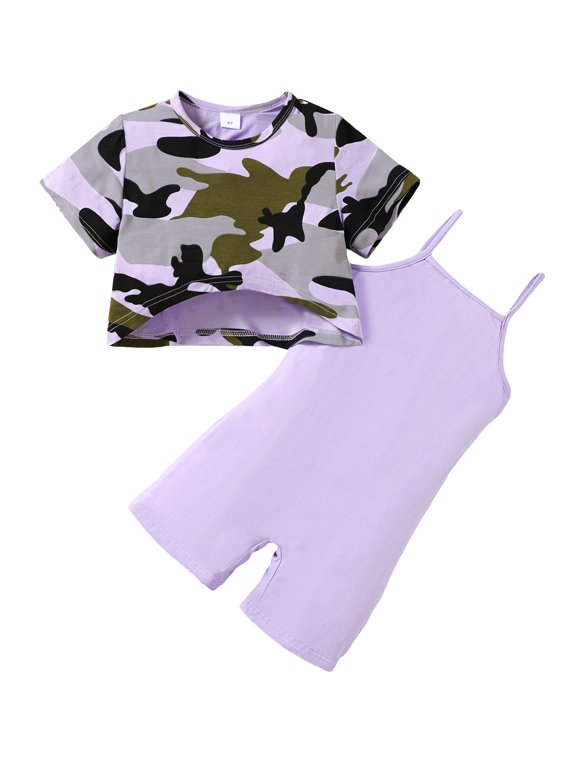 Kid Girls Bamboo Fiber Outfits Camo Short Sleeve Cropped Tops Straps Jumpsuits 2Pcs Clothes Set 4-7 Years Purple