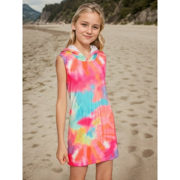 Mikrdoo Kid Girls Casual Dress Tie-dye Sleeveless Hooded Slim Dress One Piece Beach Sundress Sizes 7-14