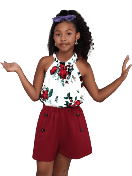 Kid Girls Clothes 8Y,9Y,10Y,11-12Y Big Girls Rose Print Halter Summer Sleeveless Tops Elastic Fashion Shorts 2Pcs Outfits 10 Years Red