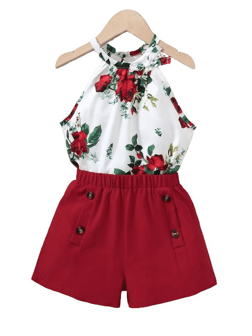 Kid Girls Clothes 8Y,9Y,10Y,11-12Y Big Girls Rose Print Halter Summer Sleeveless Tops Elastic Fashion Shorts 2Pcs Outfits 9 Years Red