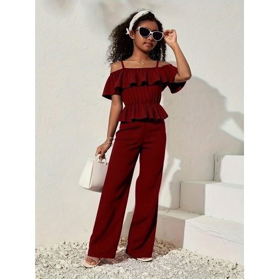 Mikrdoo Kid Girls Clothes 8Y,9Y,10Y,11Y,12Y Girls Straps Off Shoulder Crop Tops and Pants Set 2Pcs Spring Fall Outfits Burgundy