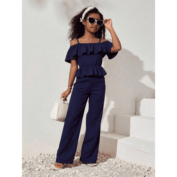 Mikrdoo Kid Girls Clothes 8Y,9Y,10Y,11Y,12Y Girls Straps Off Shoulder Crop Tops and Pants Set 2Pcs Spring Fall Outfits Navy Blue