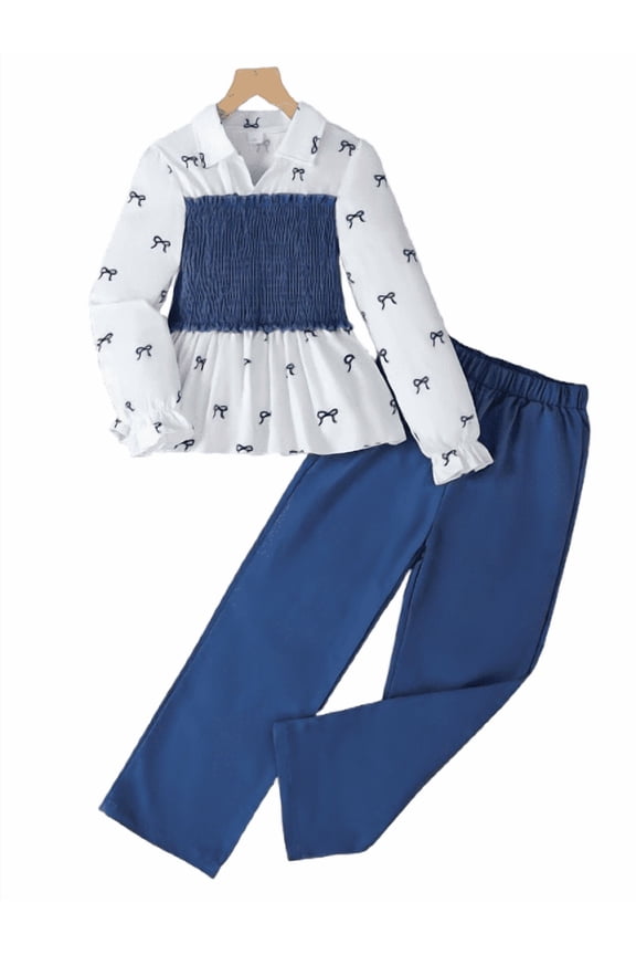 Kid Girls Clothes Contrast Color Bow Print Long Sleeve Shirt & Elastic Pants 2Pcs for Stylish Outings 8-12