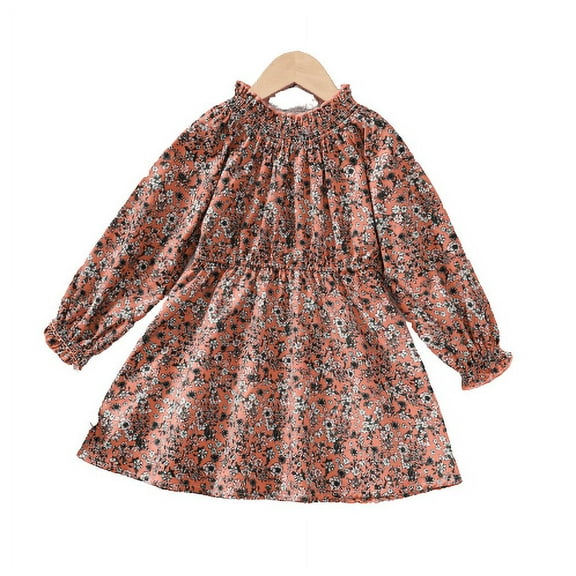 Mikrdoo Kid Girls Dress Floral Print Stand-up Collar Fall Winter Long Sleeve Dress One Piece Casual Dress 5-6 Years