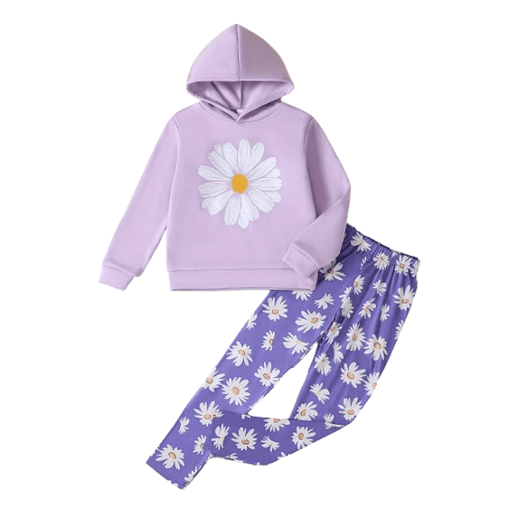 Mikrdoo Kid Girls Outfits 8Y,9Y,10Y,11Y,12Y Girls Pants Set Daisy Print Long Sleeve Pullover Hoodies+Full Print Leggings 2Pcs Clothes Purple