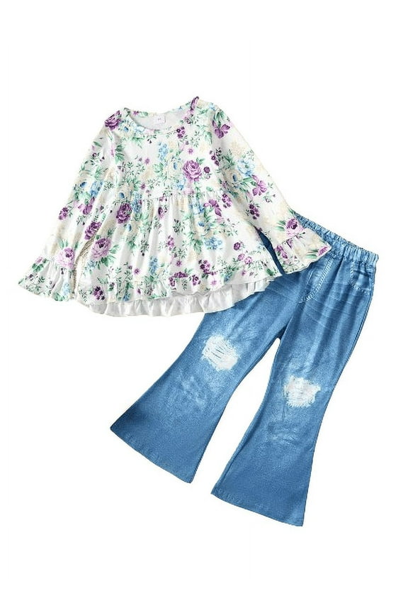 Kid Girls Pants Sets 4Y,5Y,6Y,7Y,8Y Girl Floral Print Flare Sleeve Dress Tops Ripped Jeans Demin Trousers 2Pcs Fall Winter Clothing 5 Years Purple