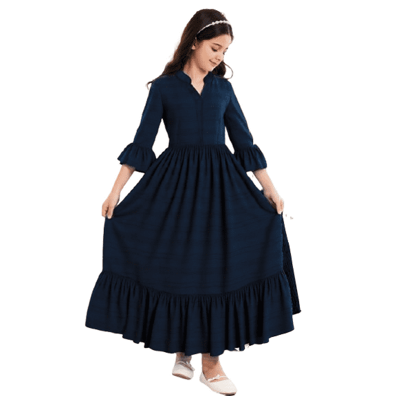 Mikrdoo Kid Girls' V-Neck Long Sleeve Solid Color Flared Midi Dress for School, Parties, Family Outings 8-12