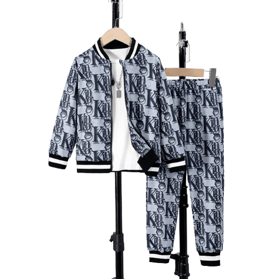Mikrdoo Kids Boys Casual Outfit Set Retro "King" Full Print Zip-up Coat Elastic Pants 2Pcs Leisure Clothing For Fall Winter 3-4 Years Gray
