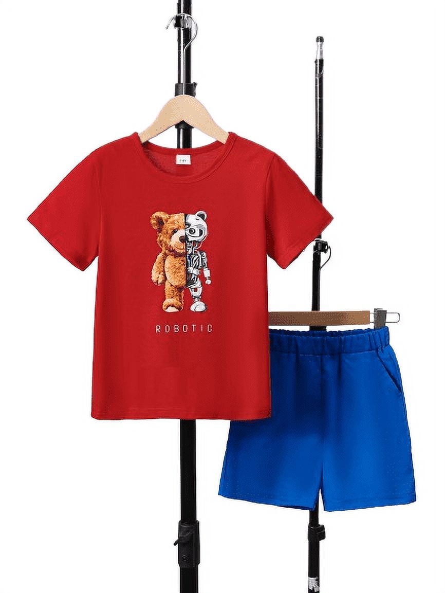 Mikrdoo Kids Boys Clothes Shorts Sets 14 Years Big Boys Bear Pattern Splice Letter Print T-shirt Tops 15 Years Boys Elastic Shorts 2Pcs Outfits For Summer Red
