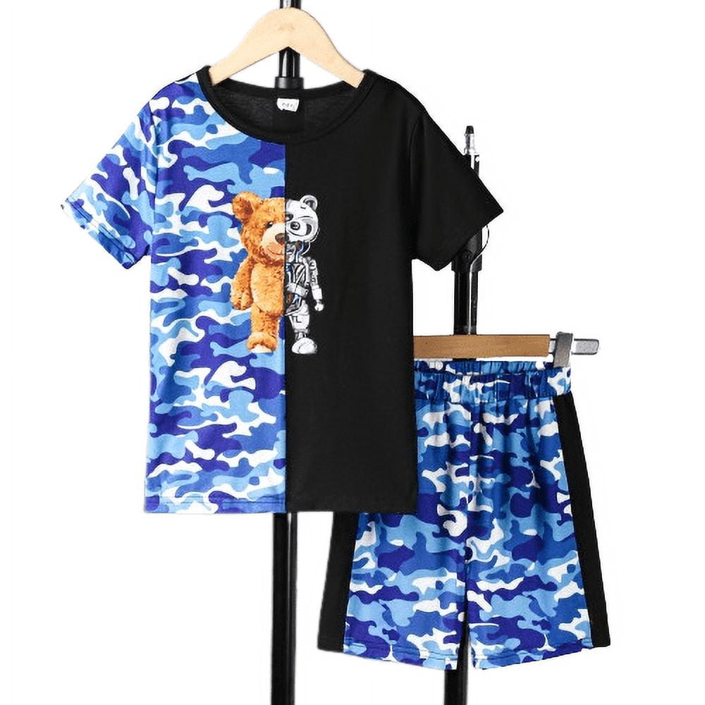 Mikrdoo Kids Boys Clothes Clearance Shorts Sets 7 Years Big Boys Bear Pattern Splice Camouflage Print T-shirt Tops 8 Years Boys Elastic Shorts 2Pcs Outfits For Summer Blue