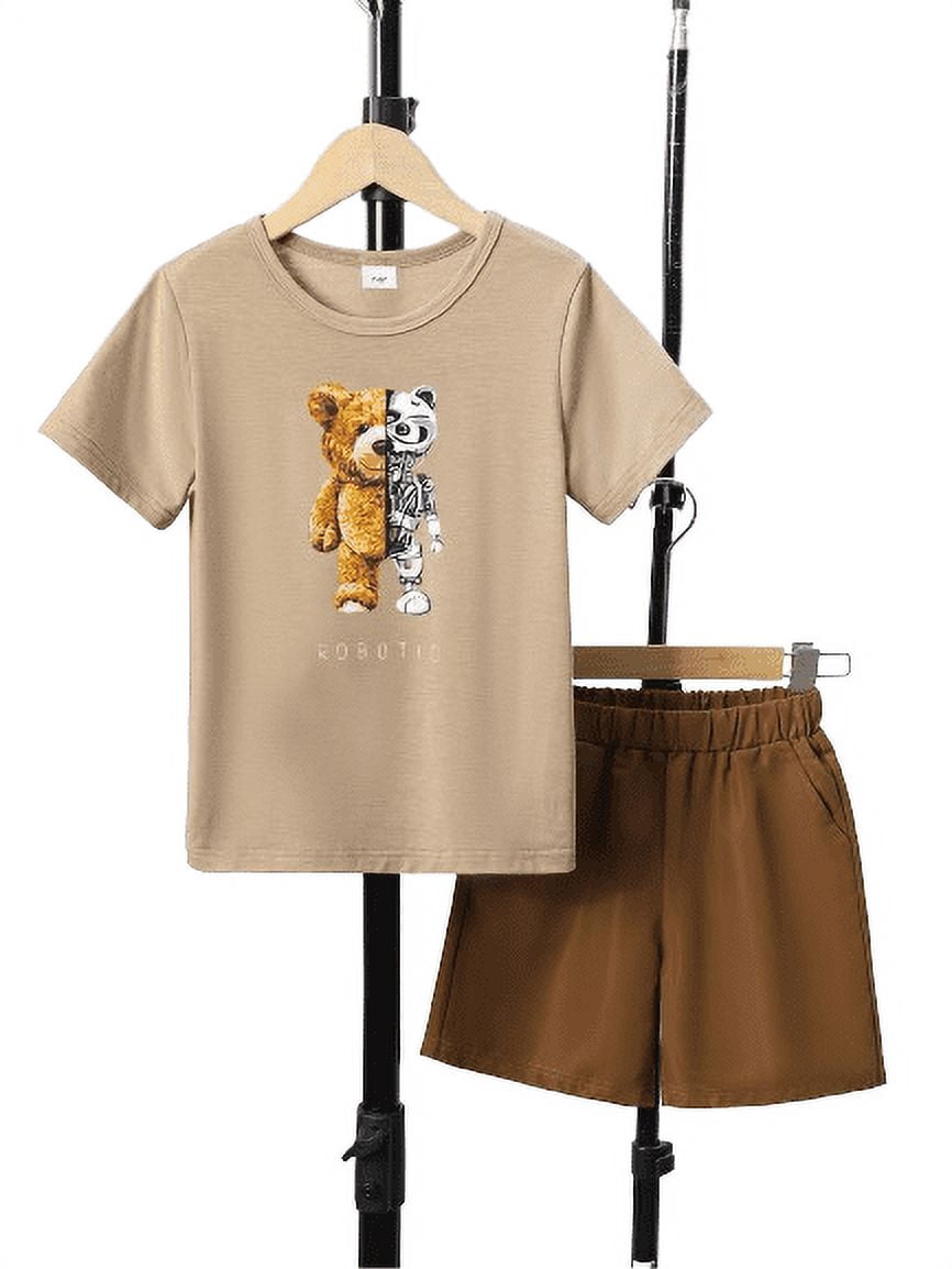 Mikrdoo Kids Boys Clothes Shorts Sets 9 Years Big Boys Bear Pattern Splice Letter Print T-shirt Tops 10 Years Boys Elastic Shorts 2Pcs Outfits For Summer Brown