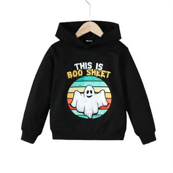 Mikrdoo Kids Boys Halloween Cute Boo Print Casual Pullover Long Sleeve Hoodies,11-12 Years Big Boys Sweatshirt For Spring Fall Black