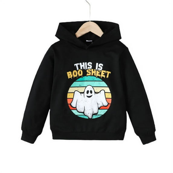 Mikrdoo Kids Boys Halloween Cute Boo Print Casual Pullover Long Sleeve Hoodies,13-14 Years Big Boys Sweatshirt For Spring Fall Black