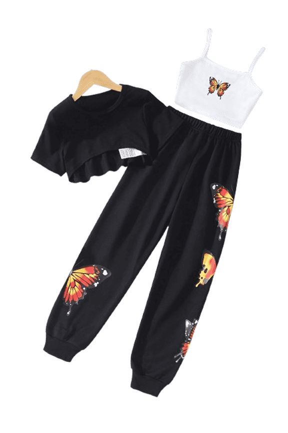Kids Girls 3Pcs Hip Hop Modern Jazz Dance Suit Short Sleeve Crop Tops with Butterfly Vest and Pants Set Black 10