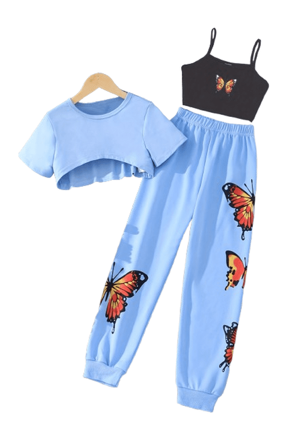 Kids Girls 3Pcs Hip Hop Modern Jazz Dance Suit Short Sleeve Crop Tops with Butterfly Vest and Pants Set Blue 9