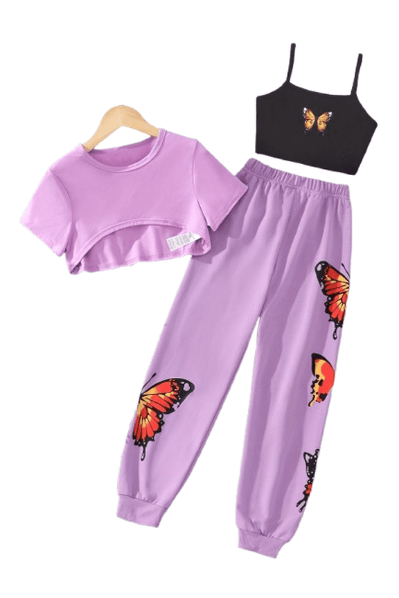 Kids Girls 3Pcs Hip Hop Modern Jazz Dance Suit Short Sleeve Crop Tops with Butterfly Vest and Pants Set Purple 11-12
