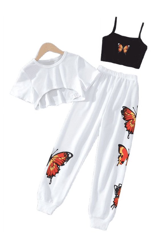 Kids Girls 3Pcs Hip Hop Modern Jazz Dance Suit Short Sleeve Crop Tops with Butterfly Vest and Pants Set White 11-12