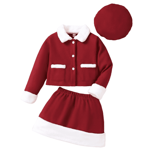 Mikrdoo Kids Girls Christmas Outfits Big Girls Skirts Set Lapel Button-down Jacket Patchwork Skirts Beret 3Pcs Clothing 9-10 Years Red
