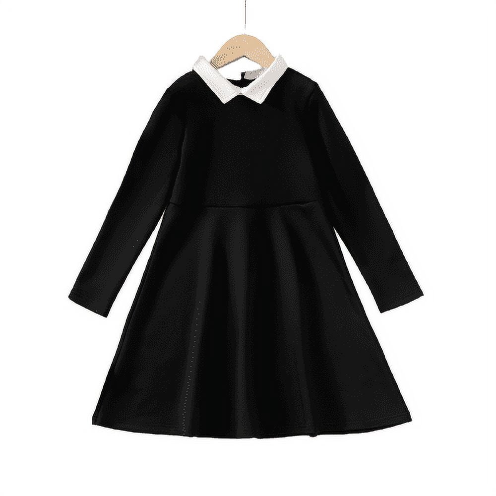 Mikrdoo Kids Girls Dress Solid Color 13 Years Big Girls Long Sleeve Turn-down Collar 14 Years Big Girls Leisure Dress One Piece Elegant Dress Black